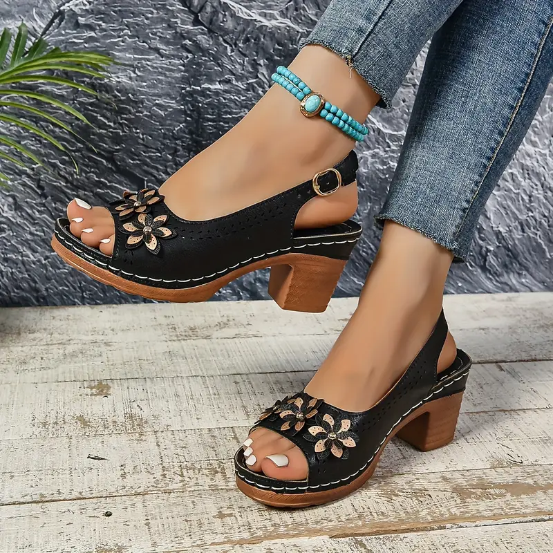 Comfortable PU Floral Block Heel Sandals