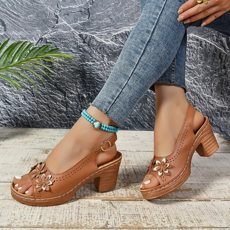 Comfortable PU Floral Block Heel Sandals
