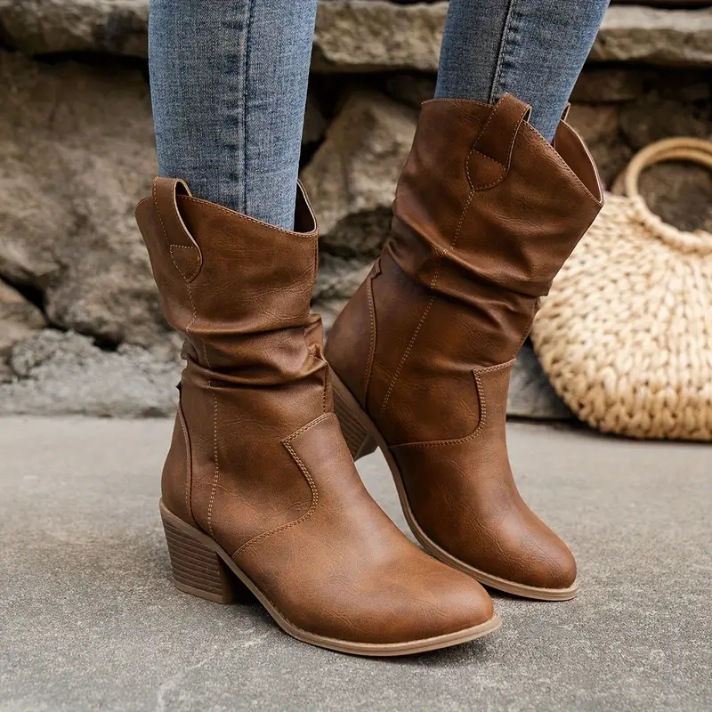 Women's Pleated Design Chunky Heel Boots