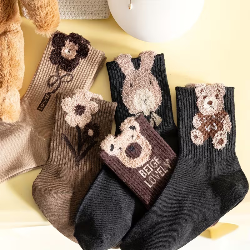 5 Pairs Women's Mid-Calf Socks with 3D Plush Bear Design