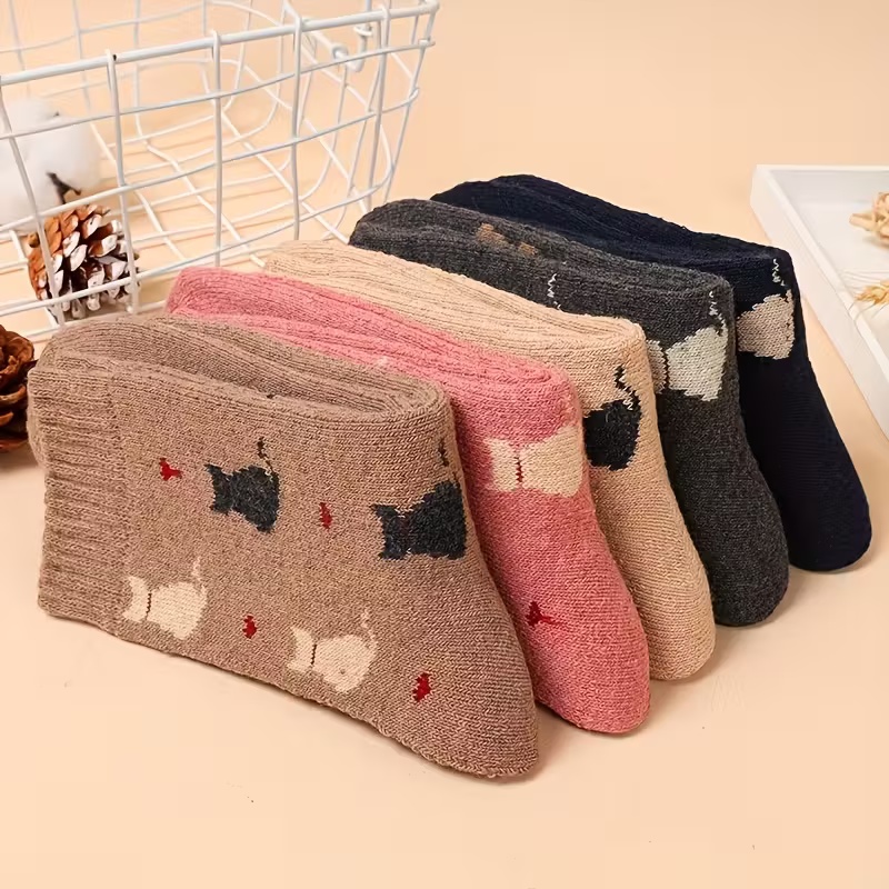 5 Pairs Women's Thick Warm Mid-Calf Socks with Plush Cartoon Cat Design