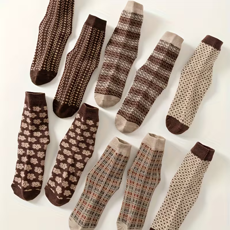 5 Pairs Women's Floral & Plaid Print Socks