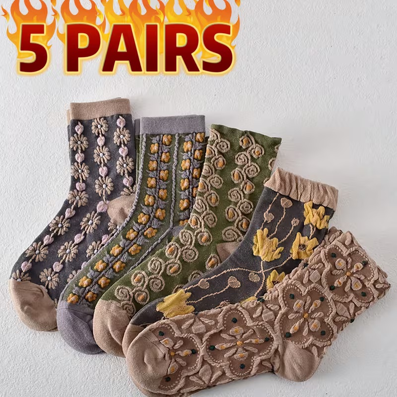 5 Pairs Women's Vintage Floral Mid-Calf Socks