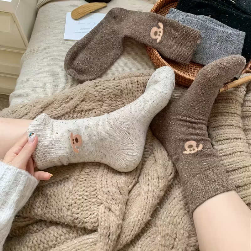 5 Pairs of Coffee Color Yarn Thick and Warm Korean Cute Puppy Stockings