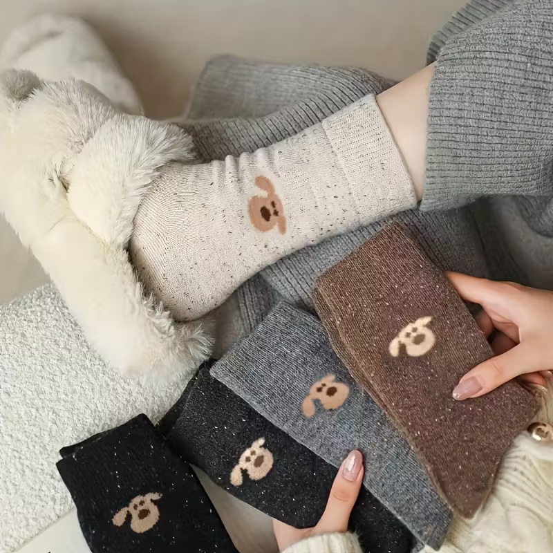5 Pairs of Coffee Color Yarn Thick and Warm Korean Cute Puppy Stockings