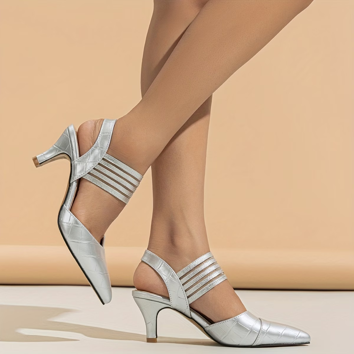 Women‘s French-Style Elegant Open-Back Crocodile-Pattern High Heels