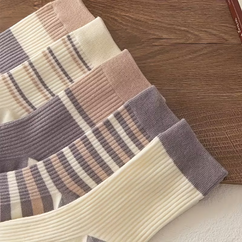 5 Pairs Vintage-Inspired Thick Striped Crew Socks