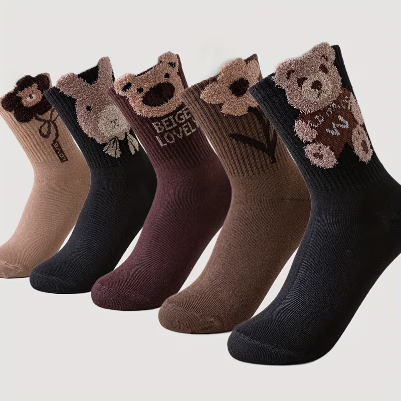 5 Pairs Women's Mid-Calf Socks with 3D Plush Bear Design