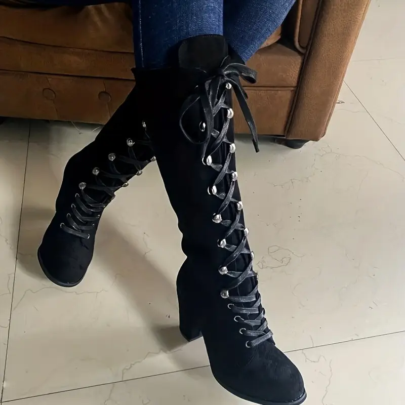 Women's Heeled Chunky Lace Up Knee High Comfy Long Boots