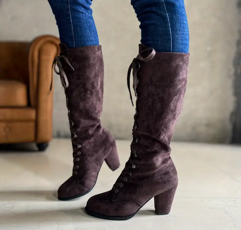 Women's Heeled Chunky Lace Up Knee High Comfy Long Boots
