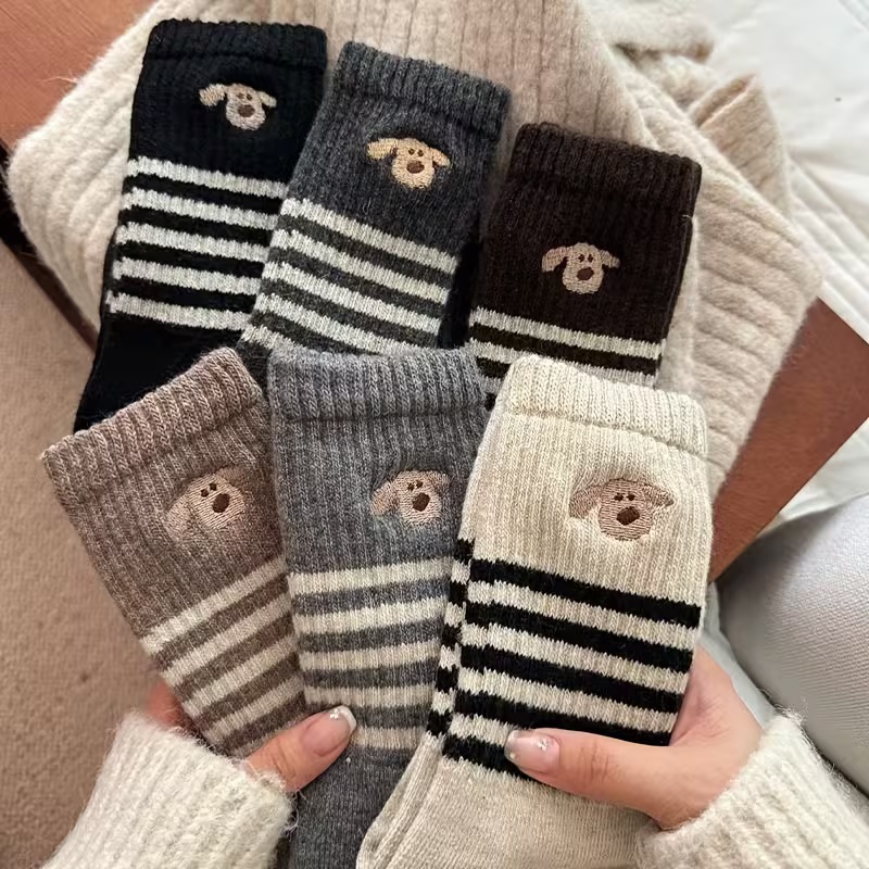 6 Pairs Women's  Elegant Striped & Plain Colors Thermal Socks