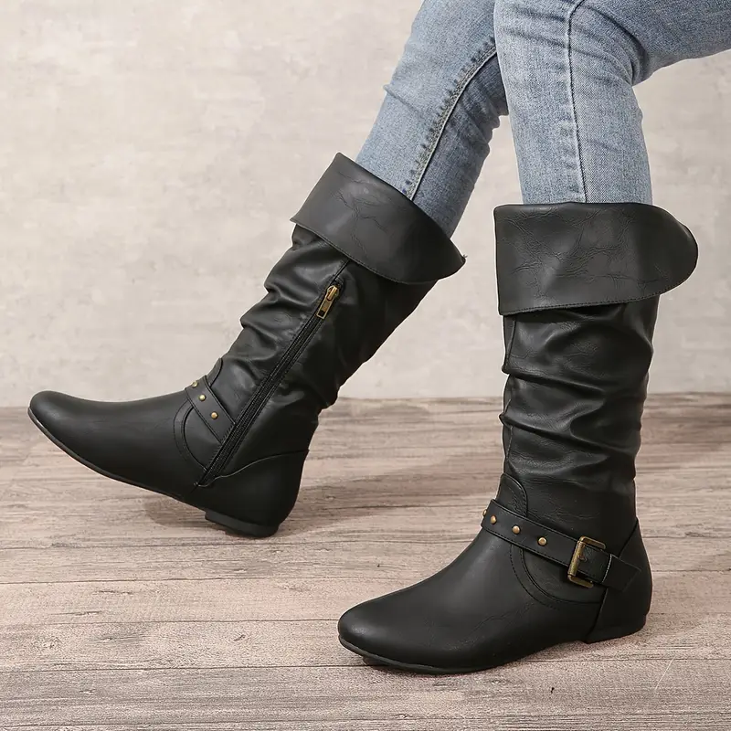 Women's Pleated Retro Round Toe Knee High Boots