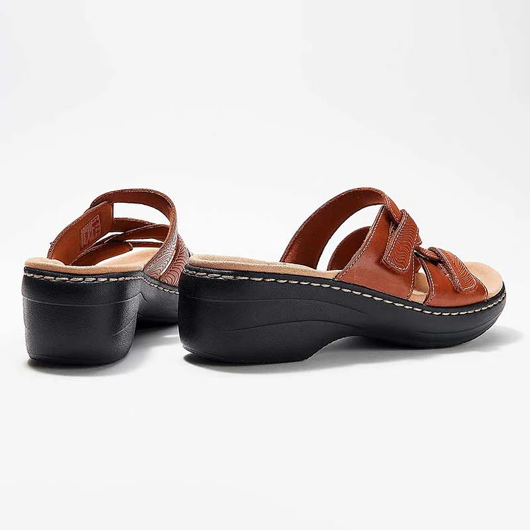 Women Leather Wedge Slide Sandals