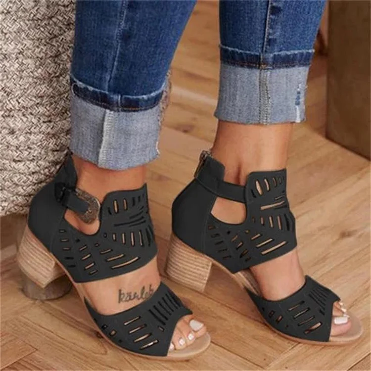 Vintage Hollow Out Sandals Mid Heel Buckle Ladies Shoes