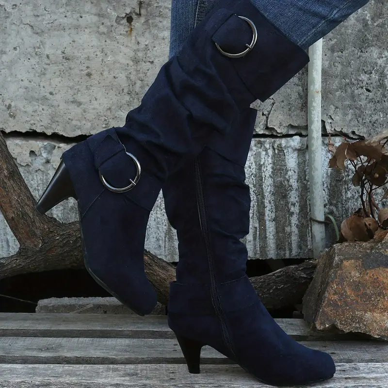 Women's Slouch Knee High Buckle Strap Side Zipper High Heeled Boots