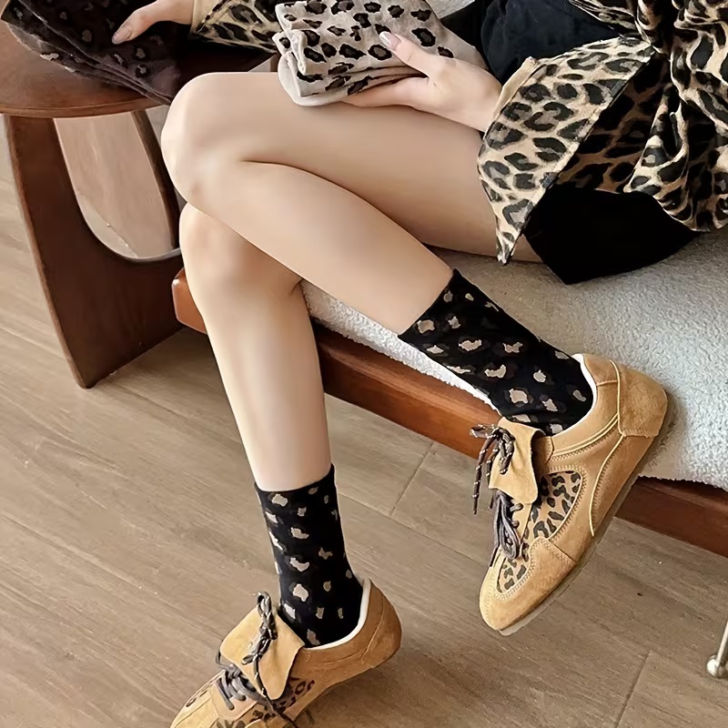 5 Pairs Leopard Print Mid Calf Socks for Women