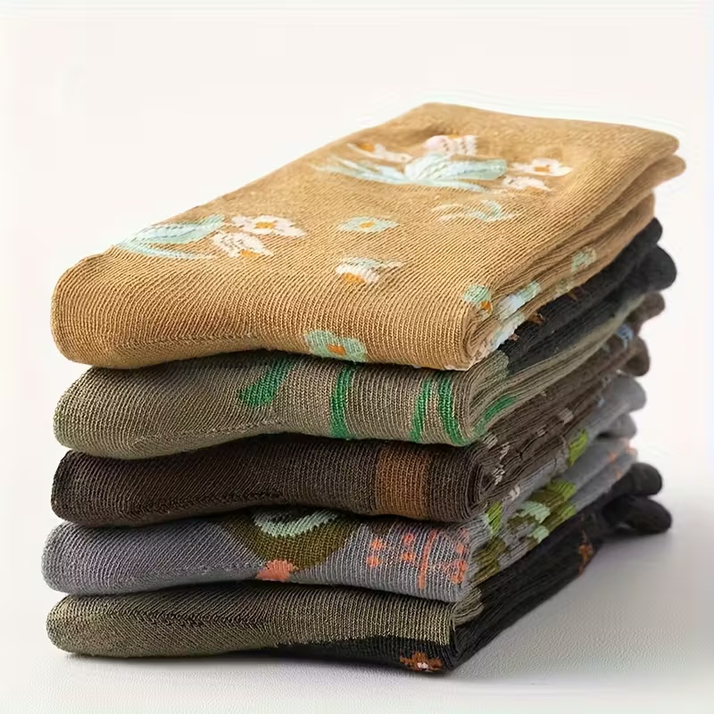 5 Pairs of Retro Floral Mid-Calf Socks