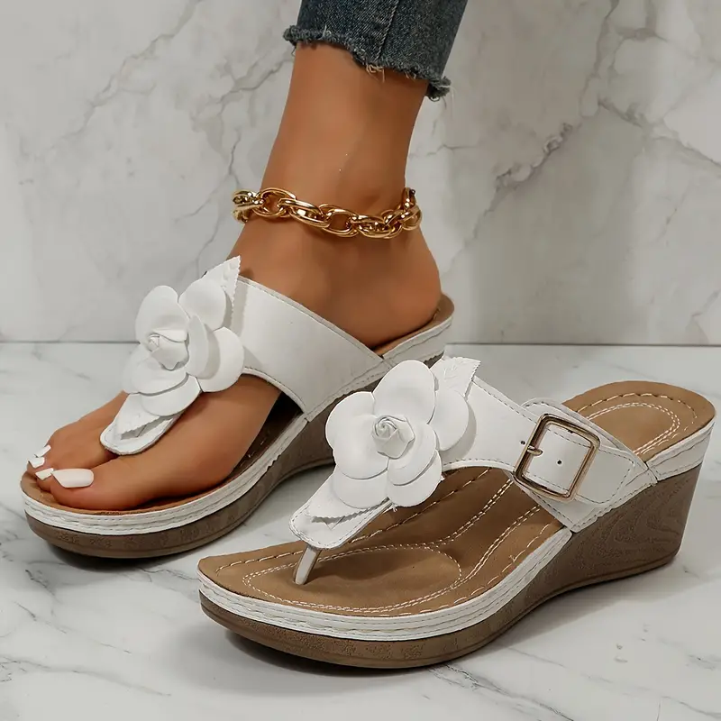 Floral-Embellished Wedge Thick-Soled Flip-Flop Sandals