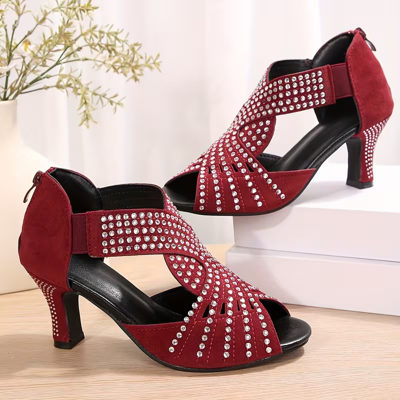 Women's Overseas Thin Heel Rhinestone Hollow Zipper Sandals
