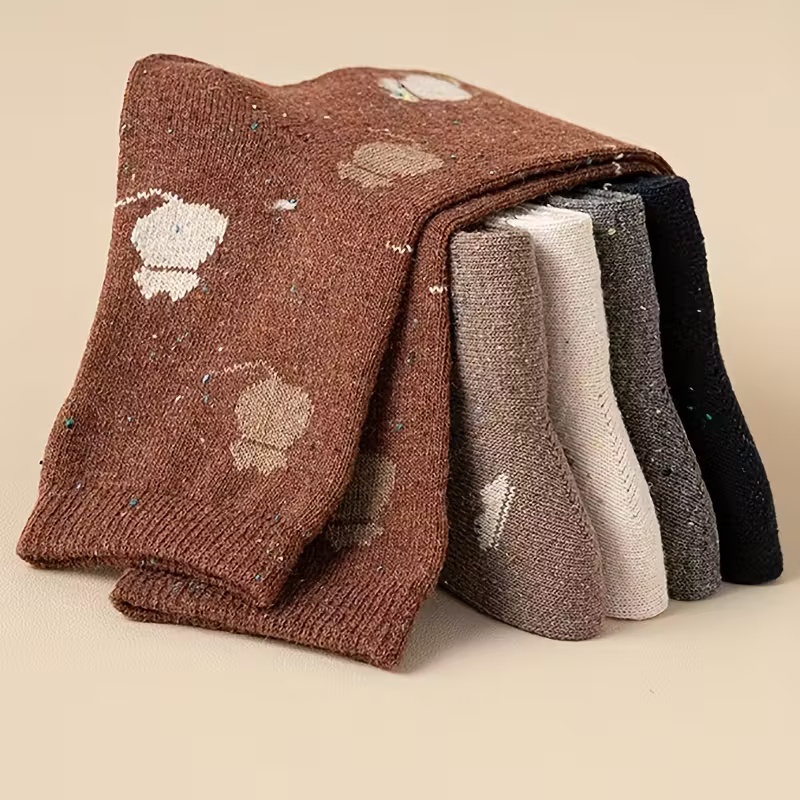 5 Pairs Women's Autumn Winter Cat Cartoon Printed Wool Blend Socks
