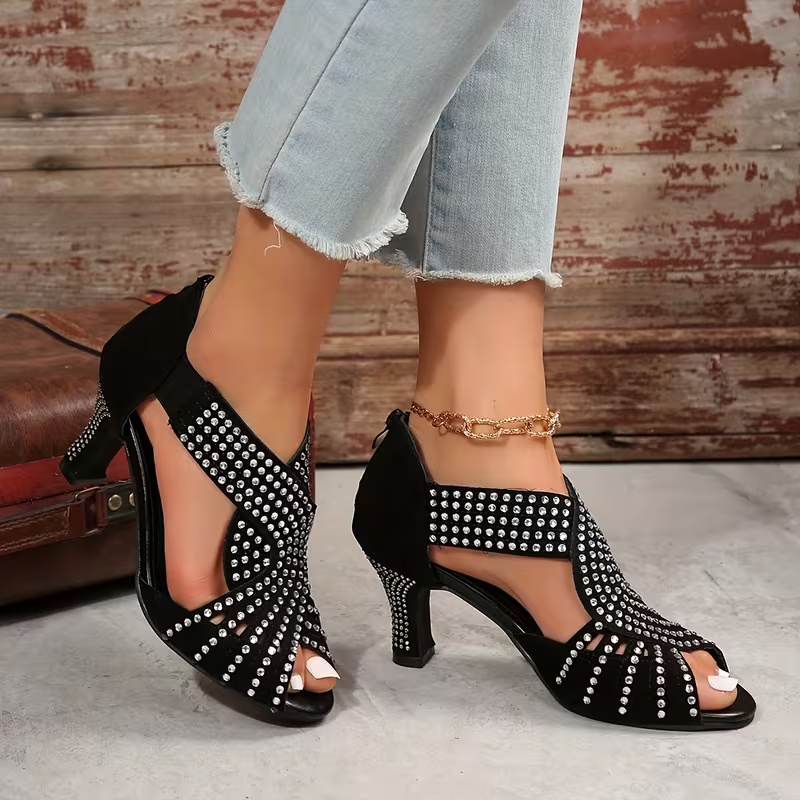 Women's Overseas Thin Heel Rhinestone Hollow Zipper Sandals