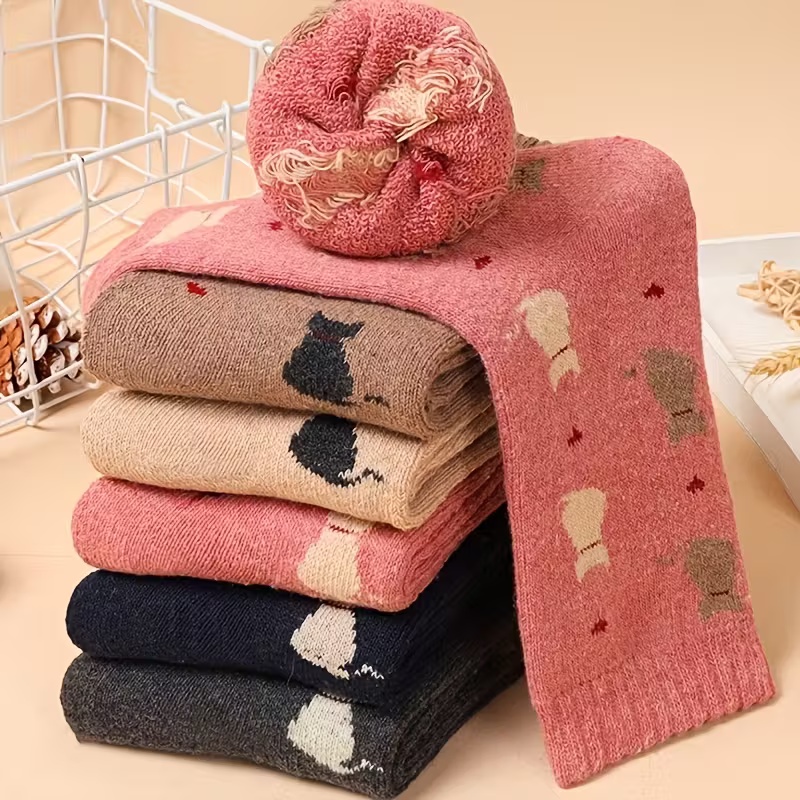 5 Pairs Women's Thick Warm Mid-Calf Socks with Plush Cartoon Cat Design