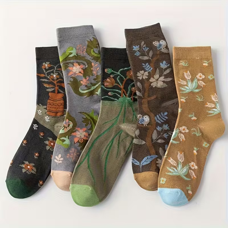 5 Pairs of Retro Floral Mid-Calf Socks