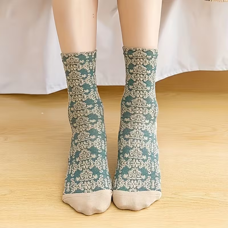 5 Pairs Women's High-Quality Vintage Geometric Pattern Ribbed Cuff Mid-Calf Socks