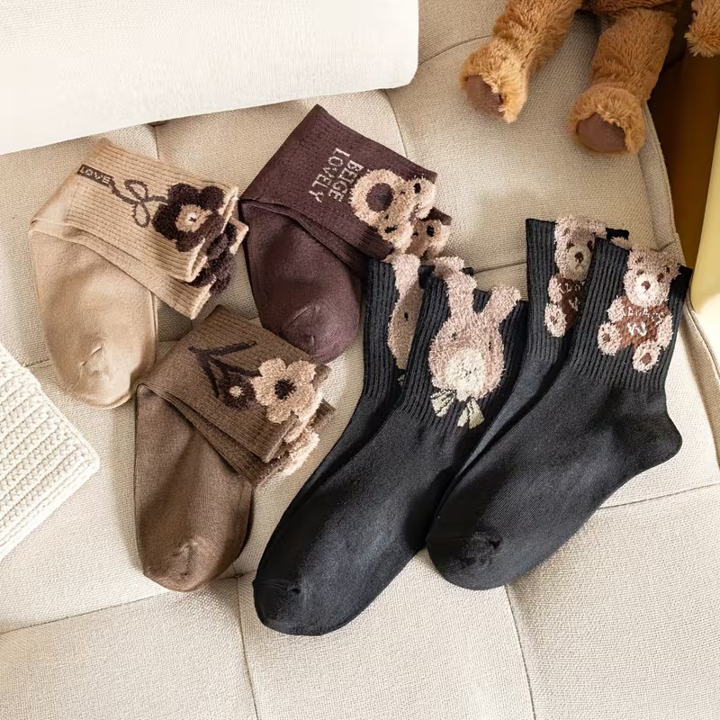 5 Pairs Women's Mid-Calf Socks with 3D Plush Bear Design