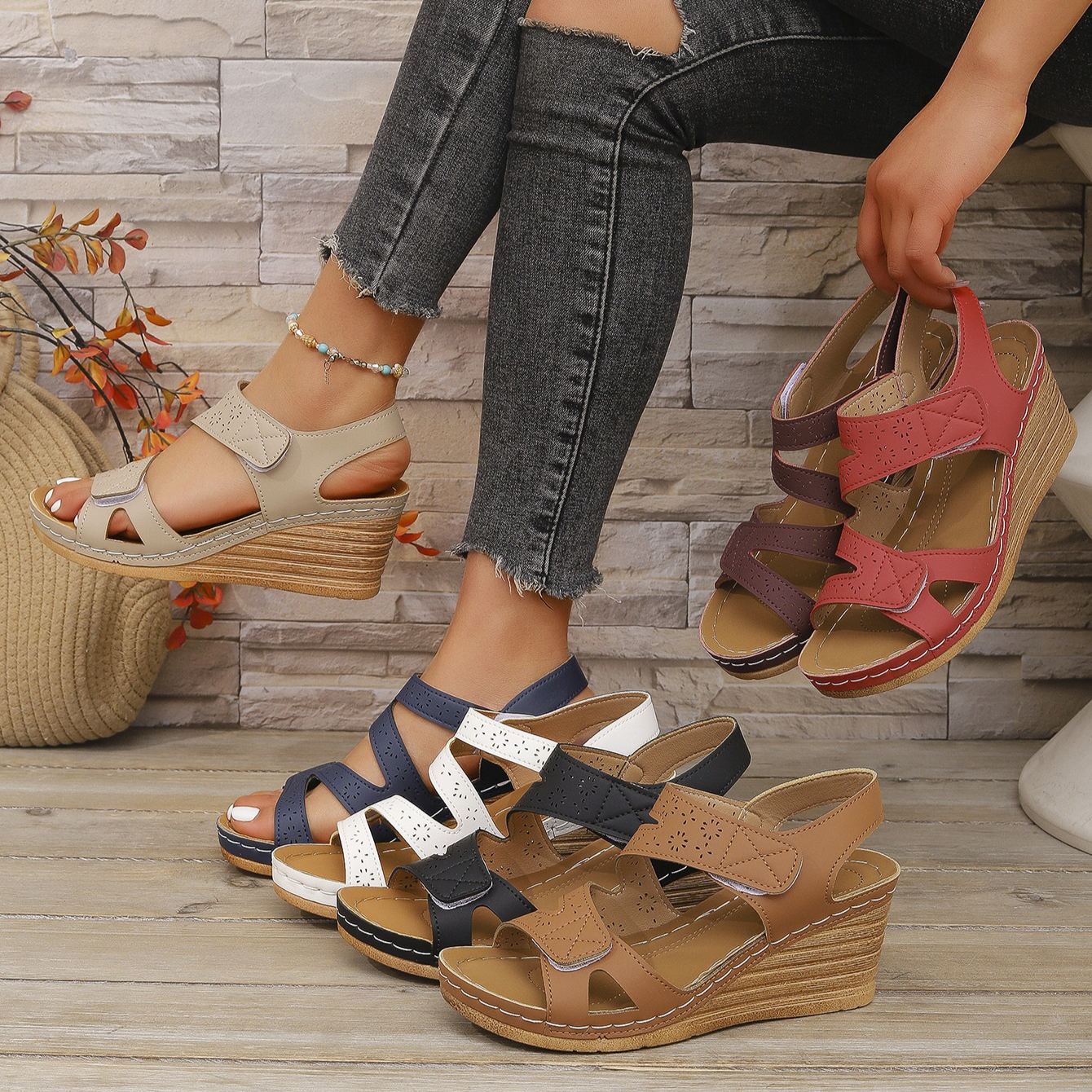 Orthopedic Velcro Cross Strap Wedge Sandals