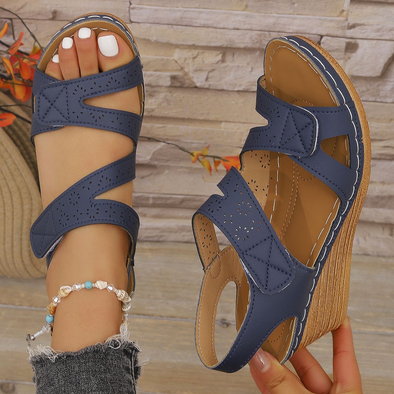 Orthopedic Velcro Cross Strap Wedge Sandals