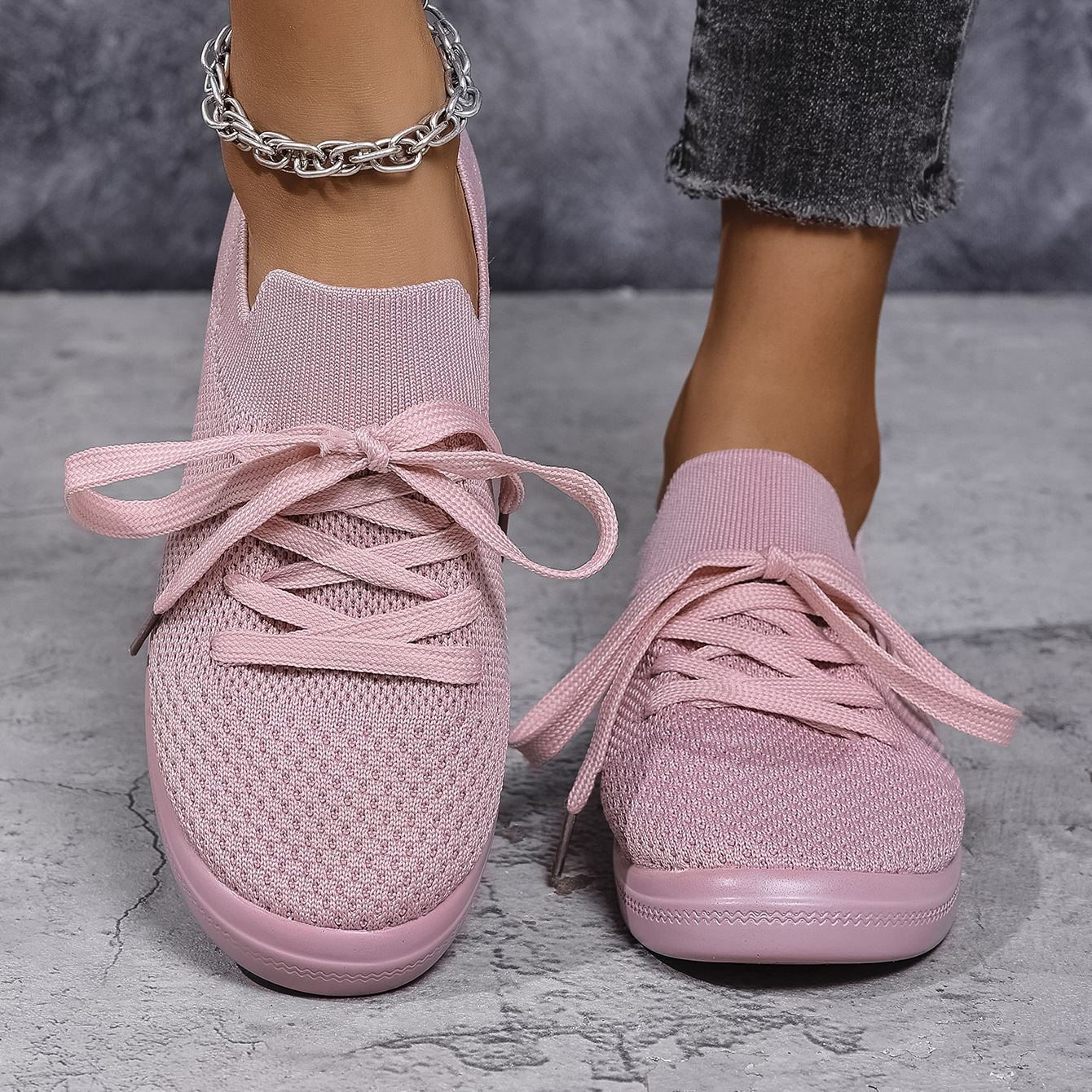 Mesh Flying Woven Light Lace-up Solid Color Flat Shoes