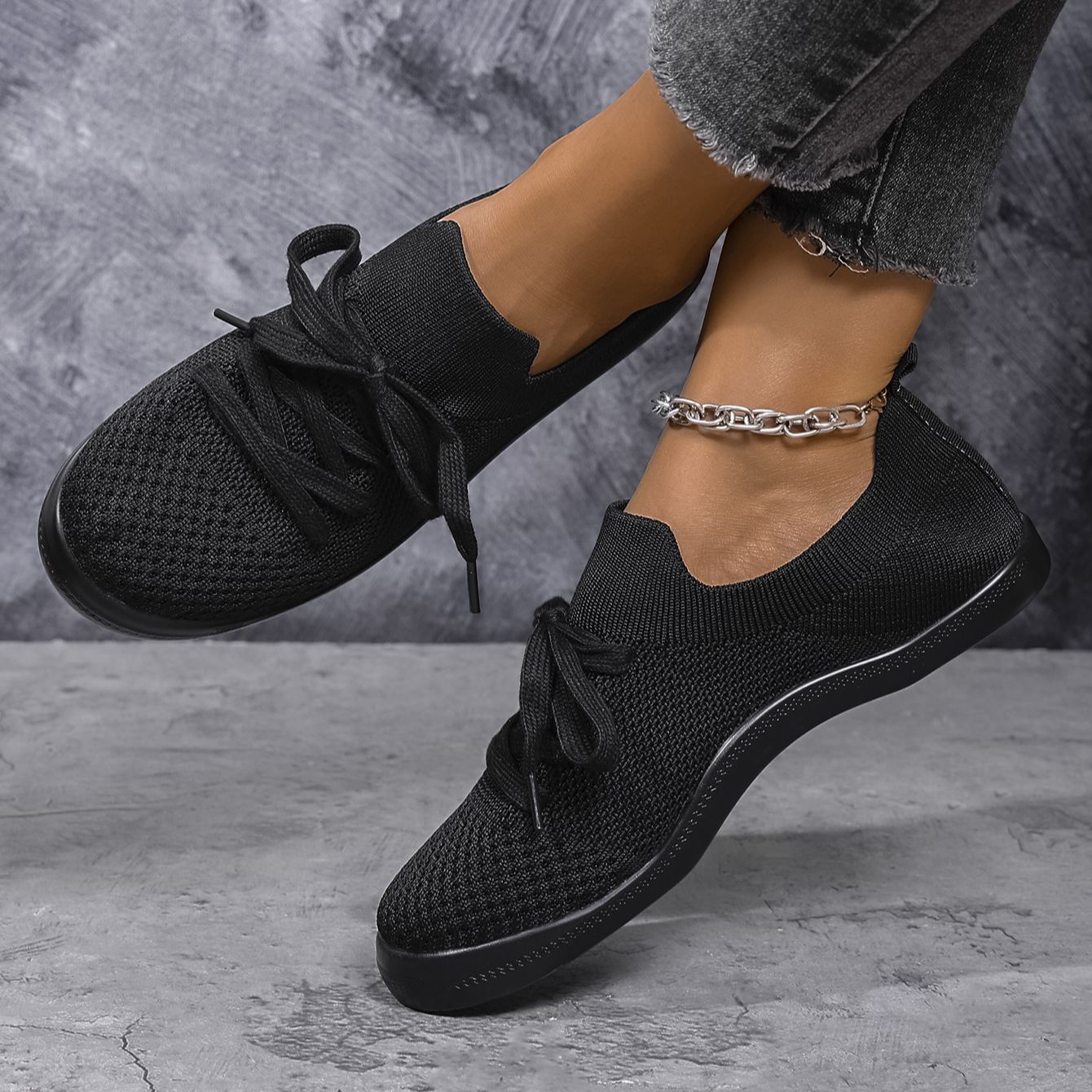Mesh Flying Woven Light Lace-up Solid Color Flat Shoes