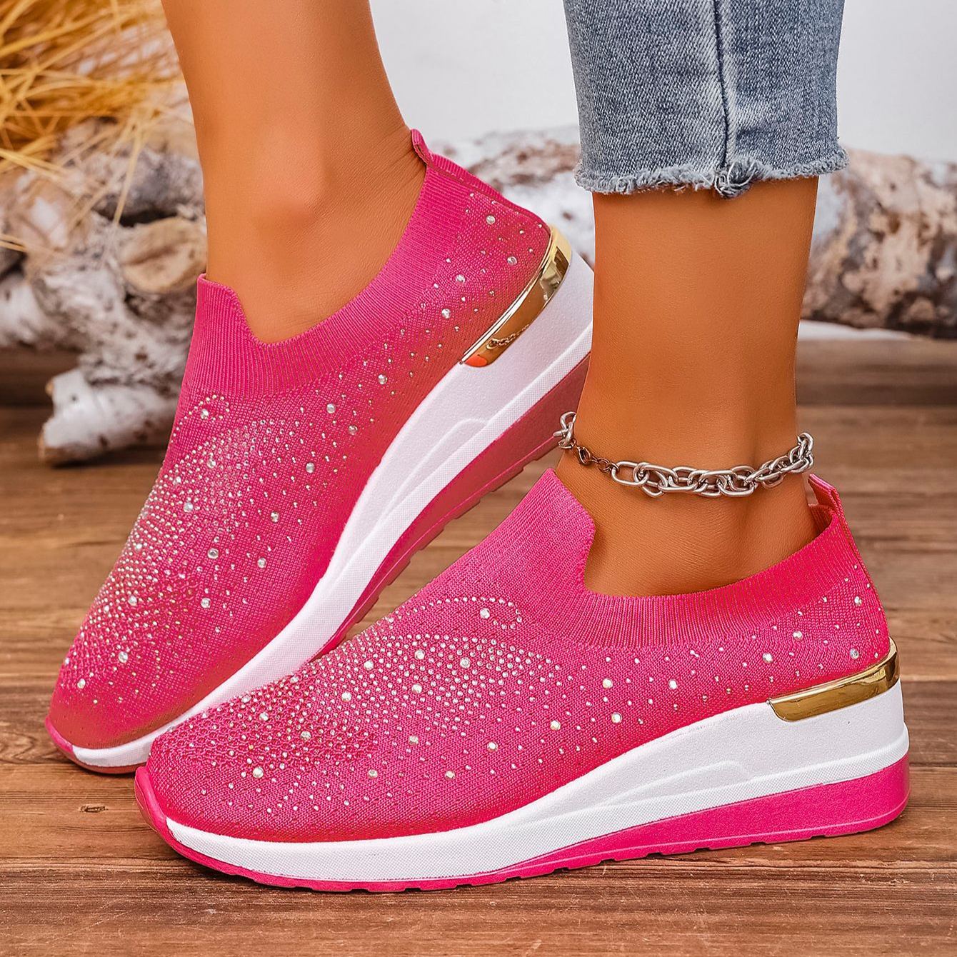 Wedge Heel Round Toe Rhinestone Slip-on Shoes