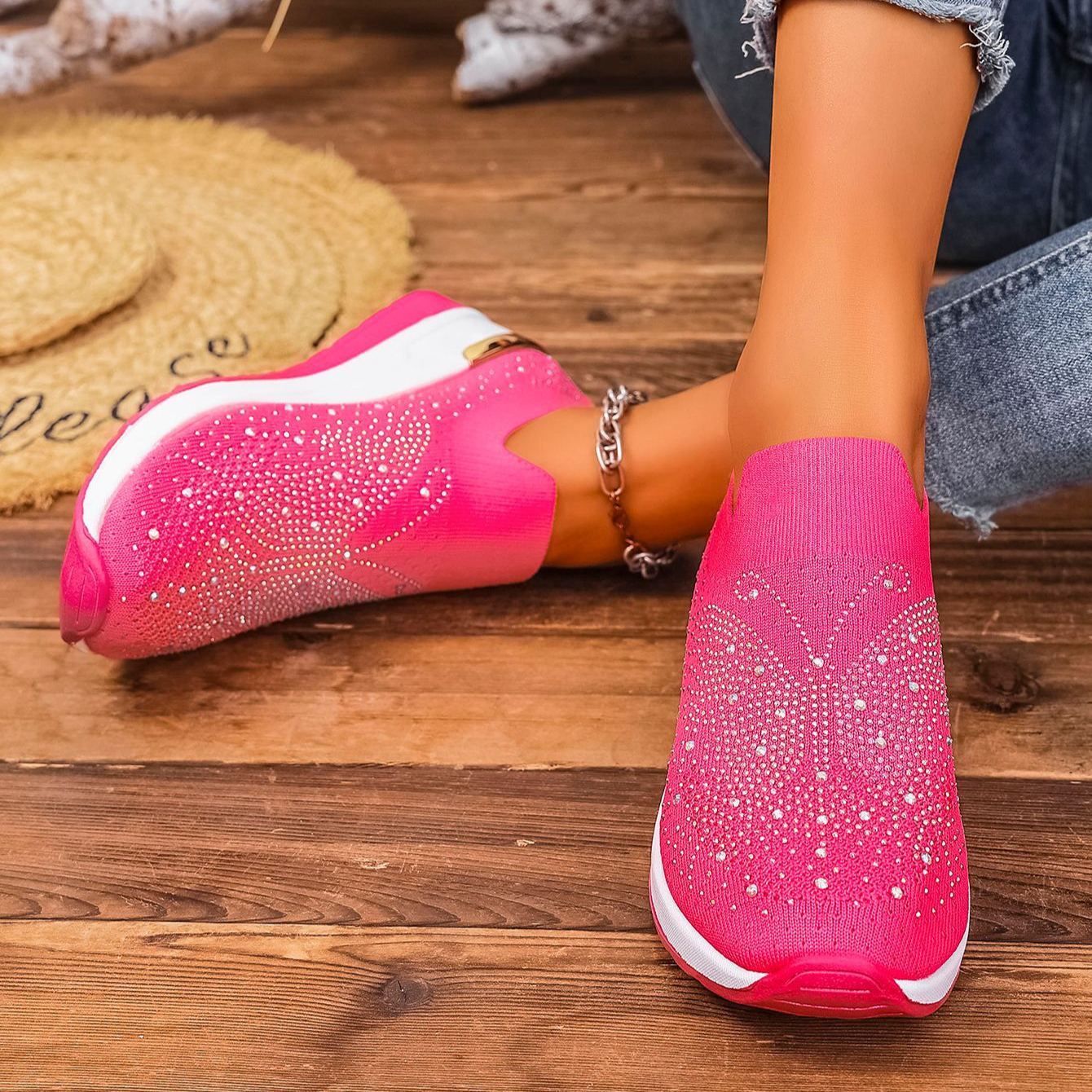 Wedge Heel Round Toe Rhinestone Slip-on Shoes
