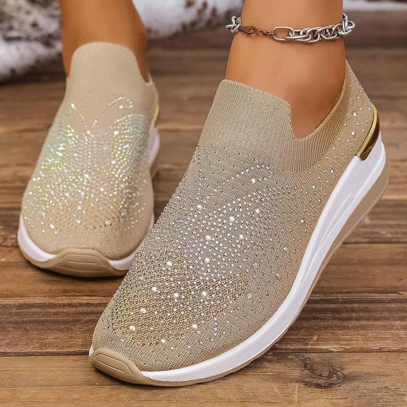Wedge Heel Round Toe Rhinestone Slip-on Shoes