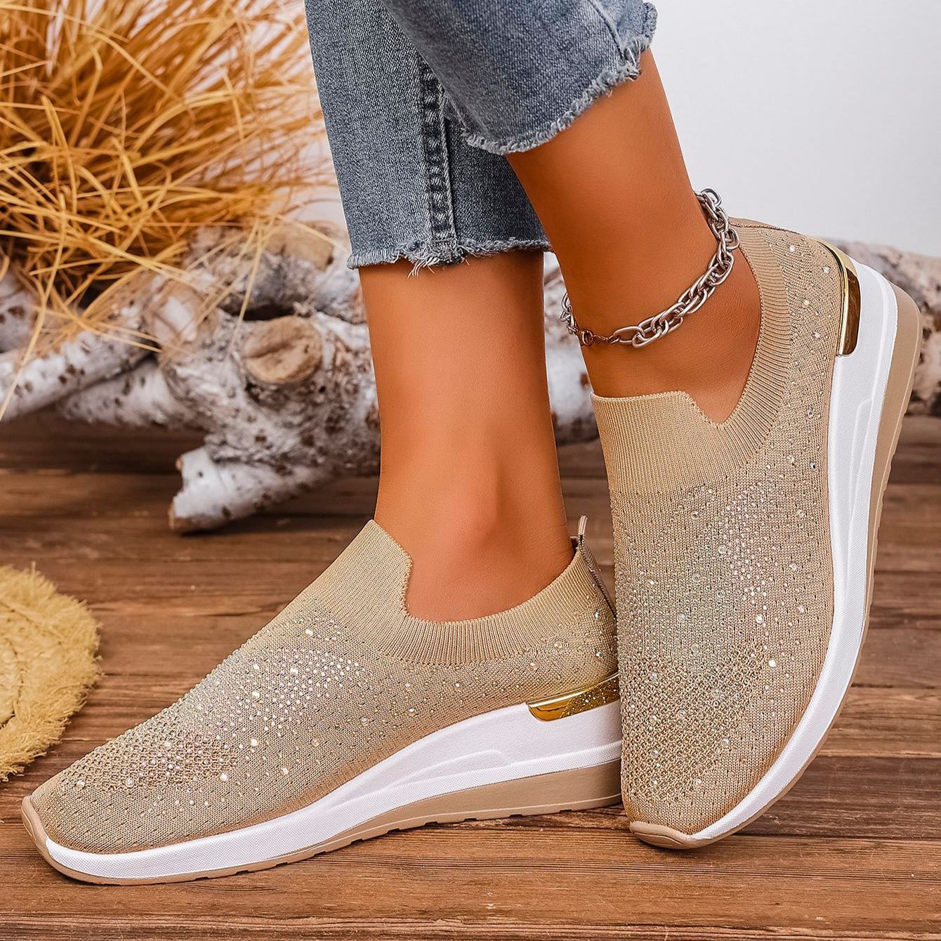 Wedge Heel Round Toe Rhinestone Slip-on Shoes