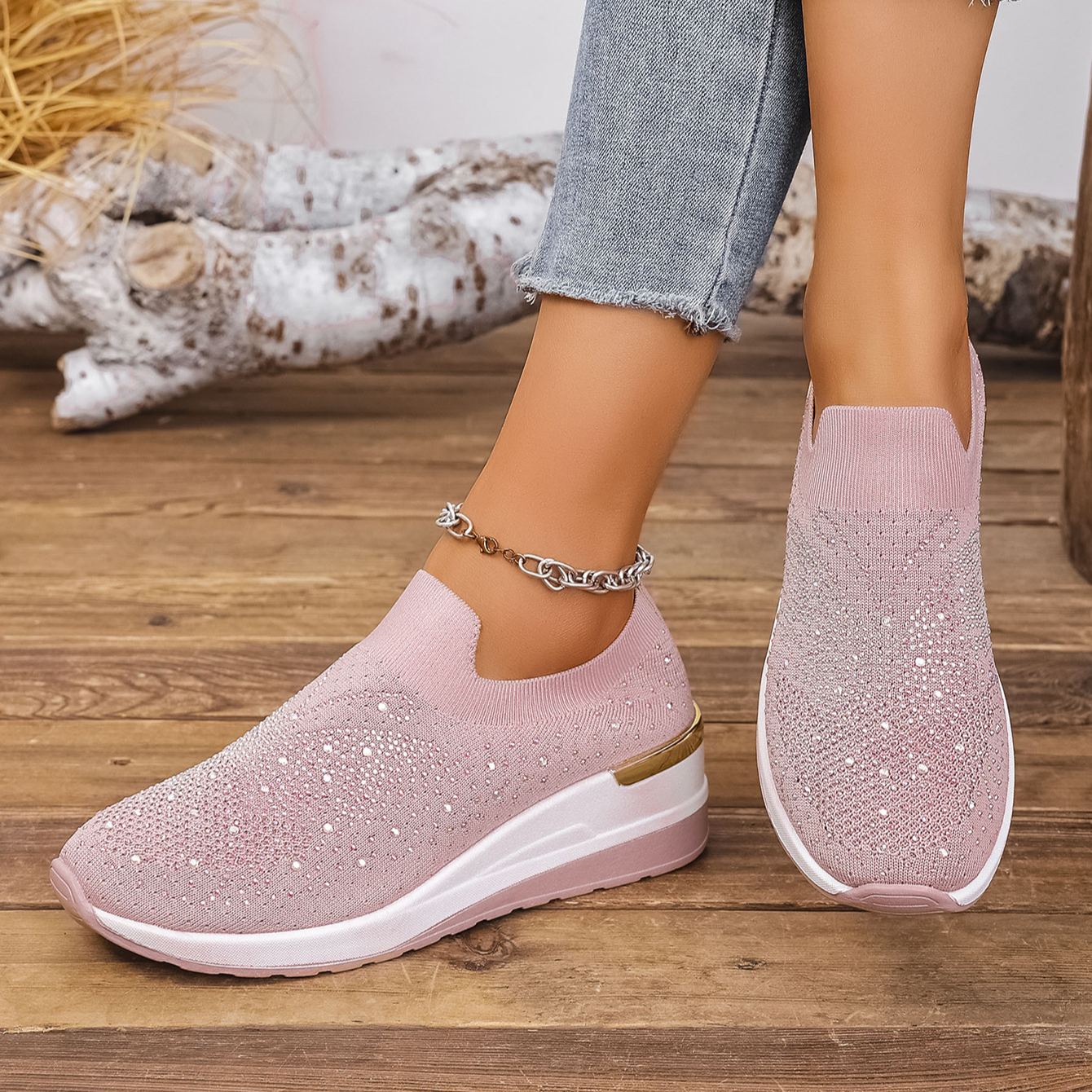 Wedge Heel Round Toe Rhinestone Slip-on Shoes