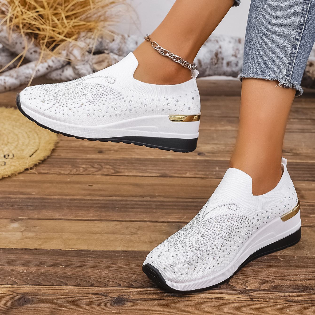 Wedge Heel Round Toe Rhinestone Slip-on Shoes