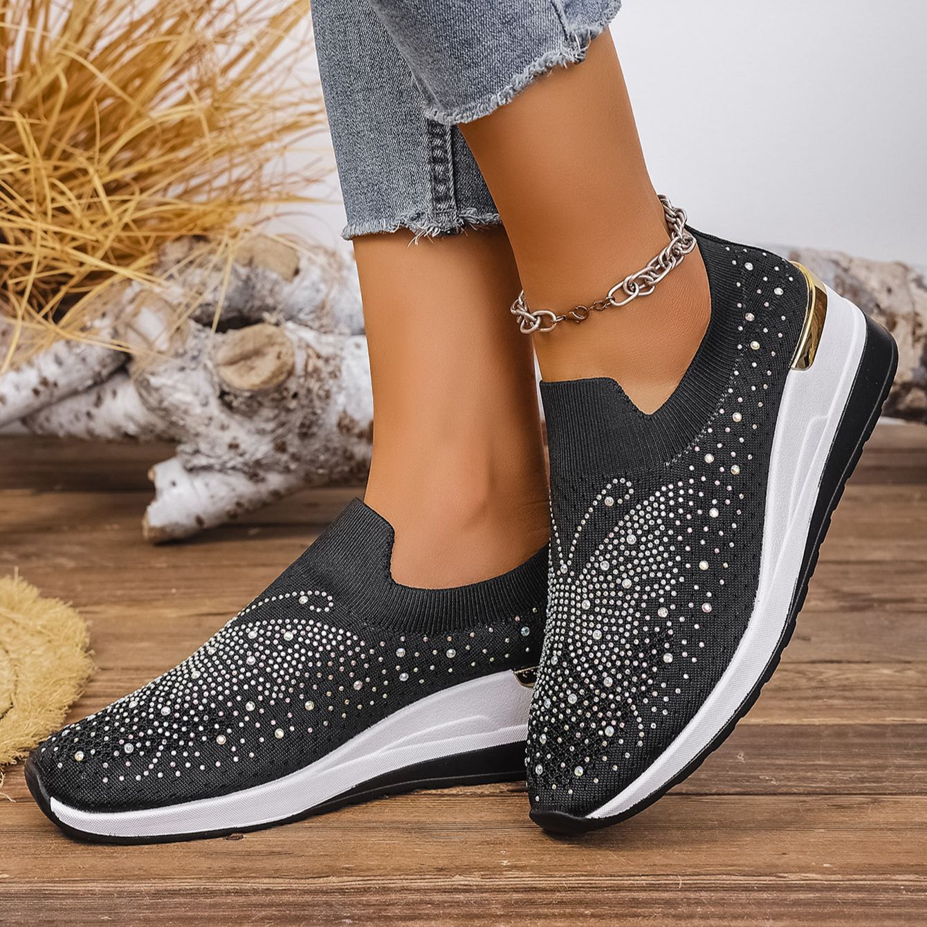 Wedge Heel Round Toe Rhinestone Slip-on Shoes