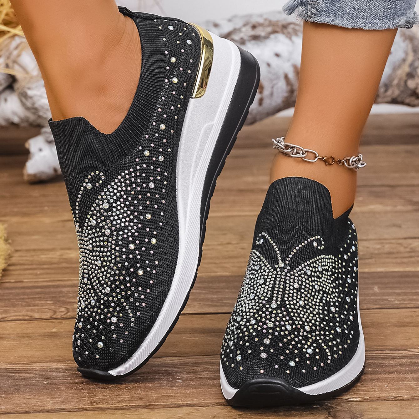 Wedge Heel Round Toe Rhinestone Slip-on Shoes