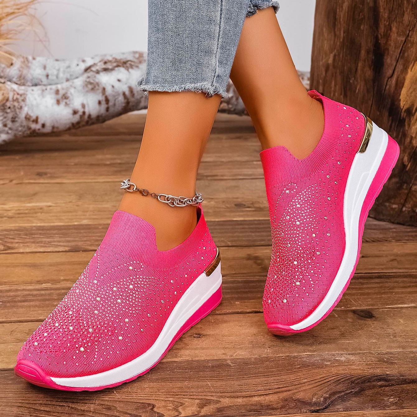 Wedge Heel Round Toe Rhinestone Slip-on Shoes