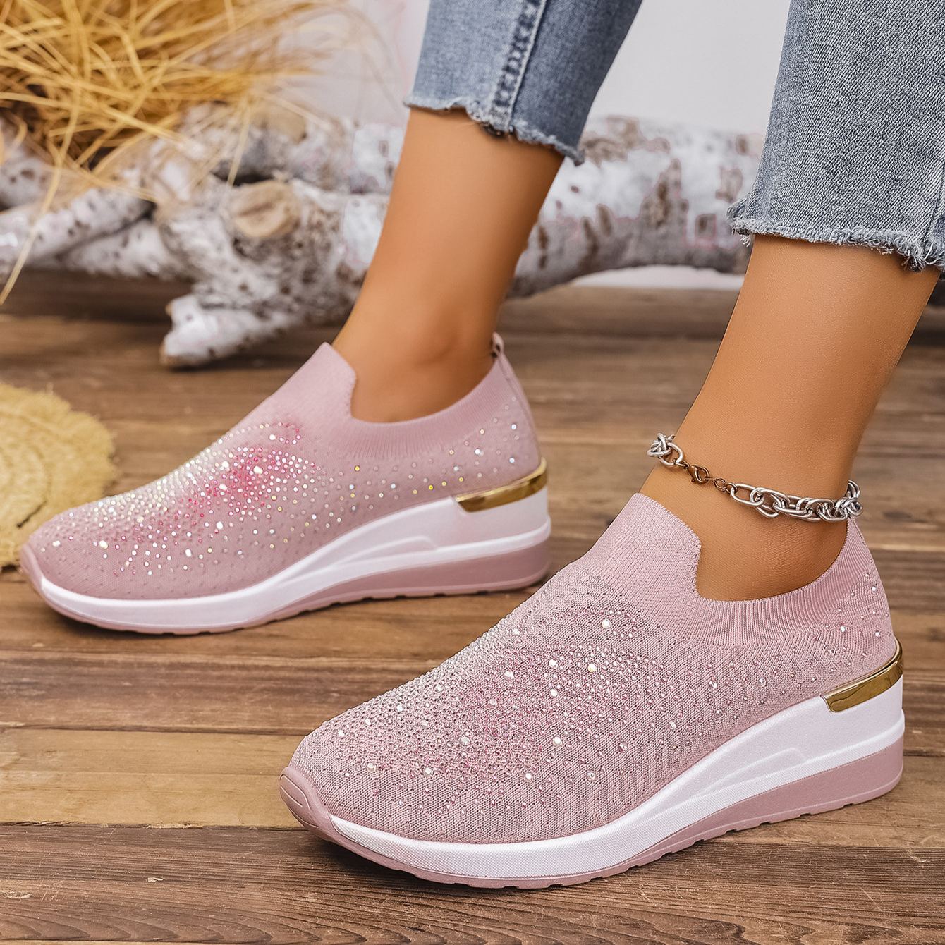 Wedge Heel Round Toe Rhinestone Slip-on Shoes
