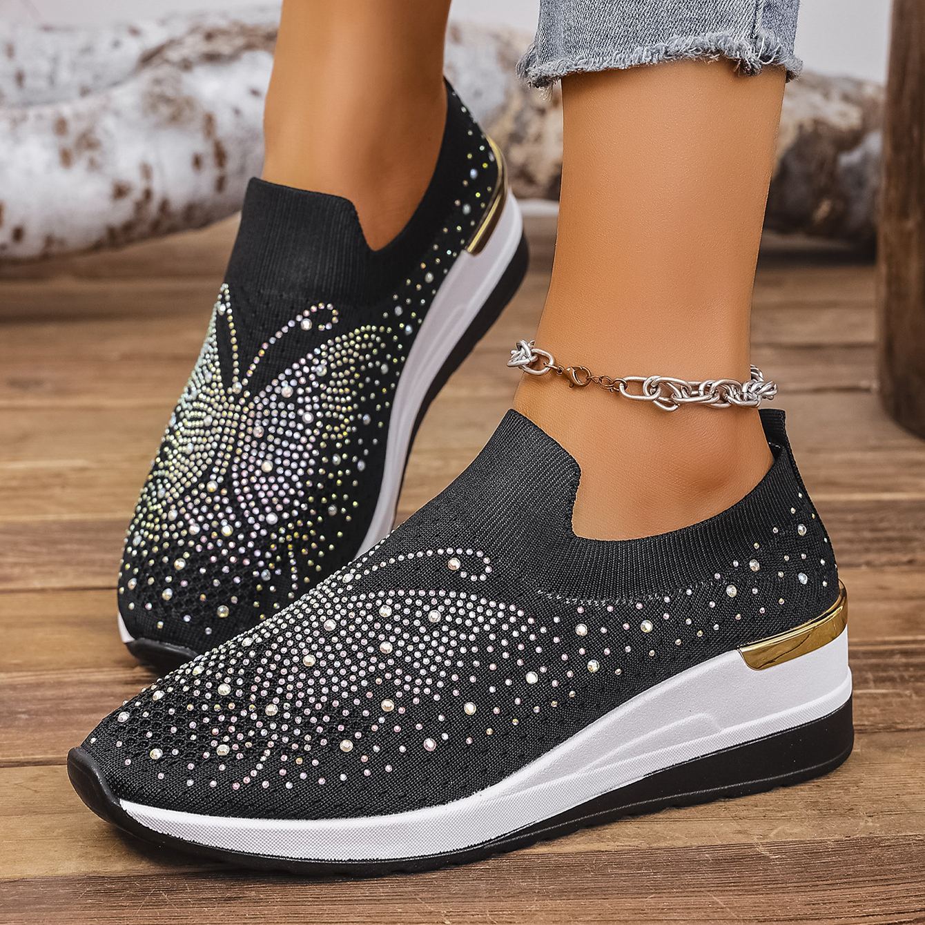 Wedge Heel Round Toe Rhinestone Slip-on Shoes