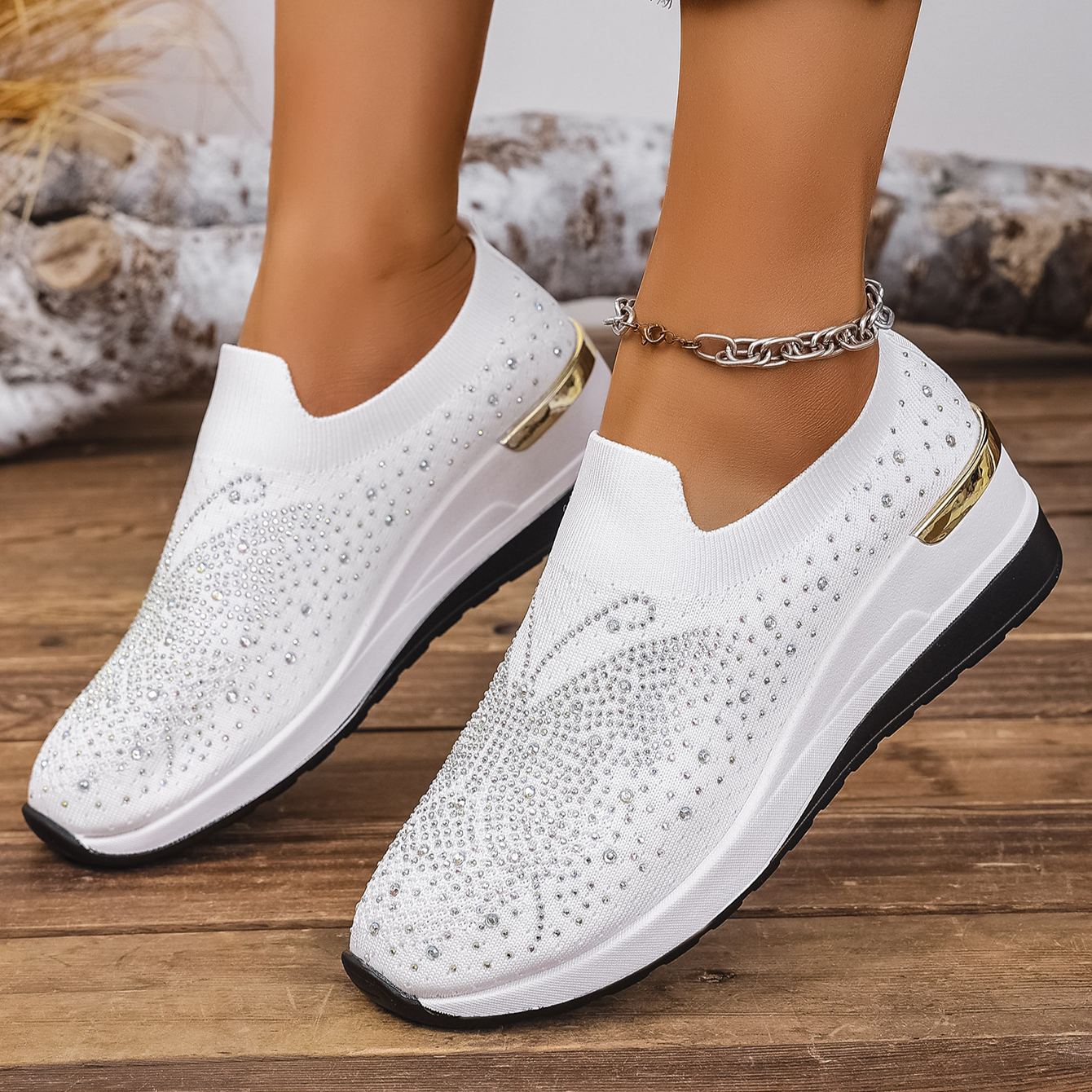 Wedge Heel Round Toe Rhinestone Slip-on Shoes