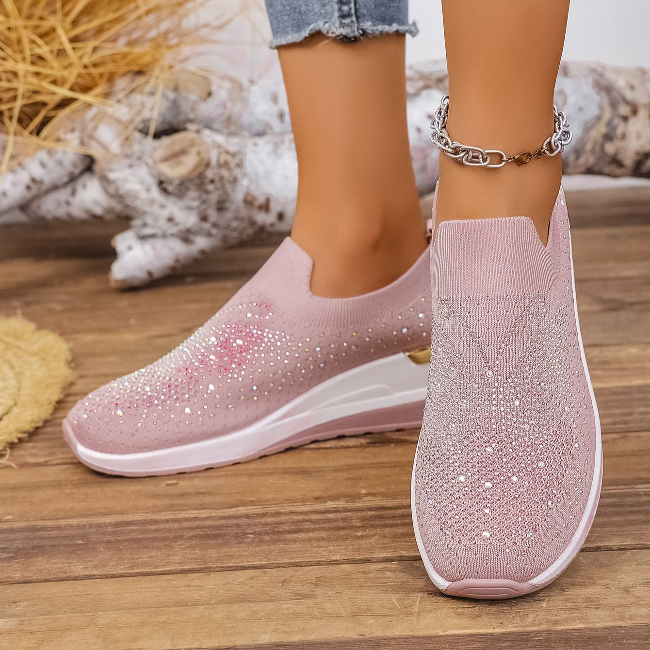 Wedge Heel Round Toe Rhinestone Slip-on Shoes