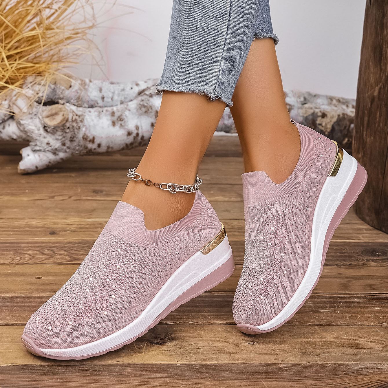 Wedge Heel Round Toe Rhinestone Slip-on Shoes