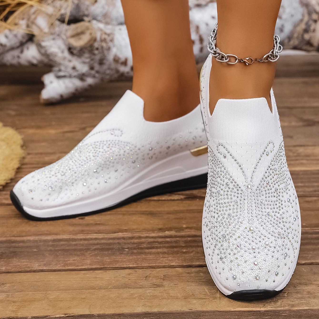 Wedge Heel Round Toe Rhinestone Slip-on Shoes