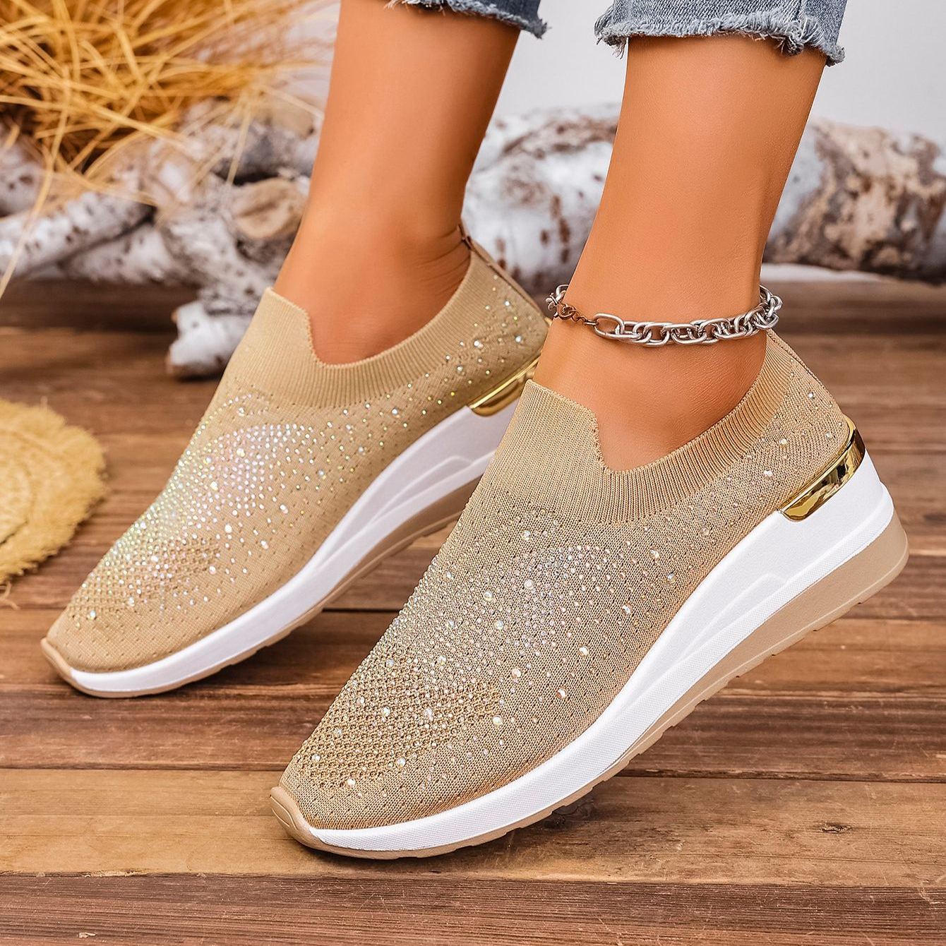 Wedge Heel Round Toe Rhinestone Slip-on Shoes