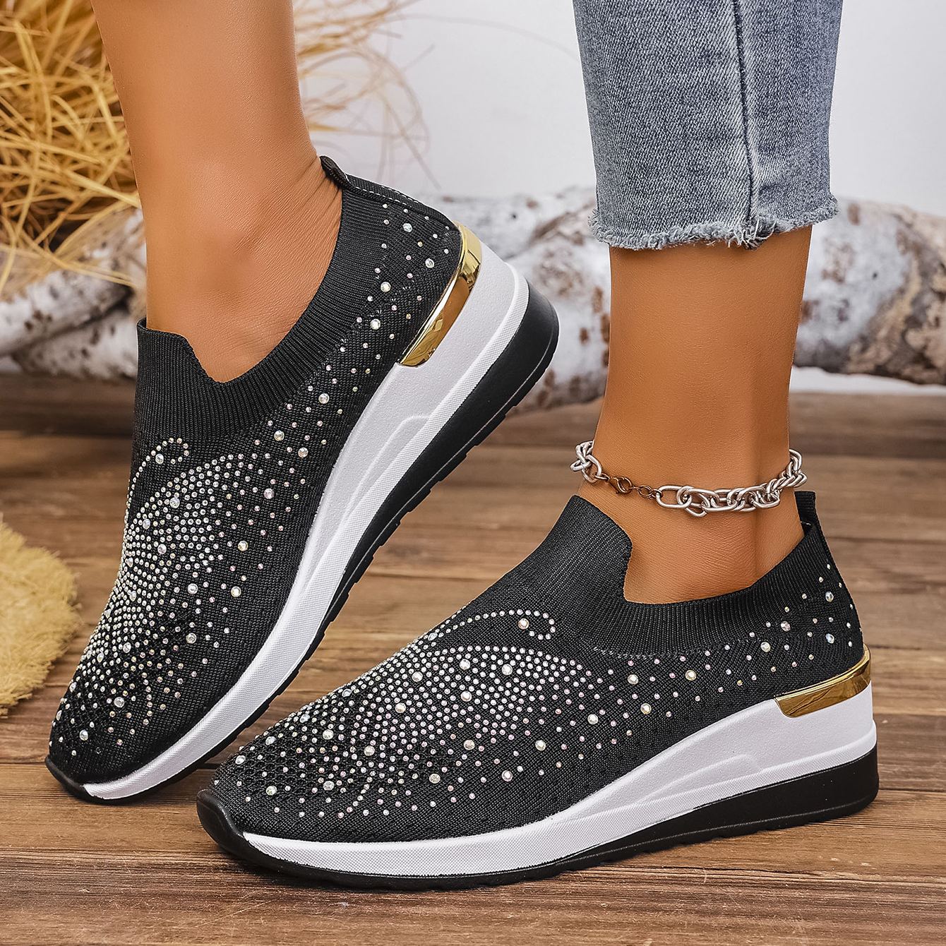 Wedge Heel Round Toe Rhinestone Slip-on Shoes